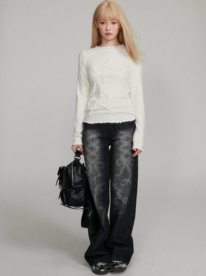 “Cozy Winter Speckled Bow” Lenzing Lyocell Long-Sleeve Base Top - Cream White M6669