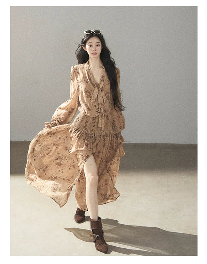 AOMALM - Oatmeal Rose-Print Chiffon Layered Maxi Dress Set