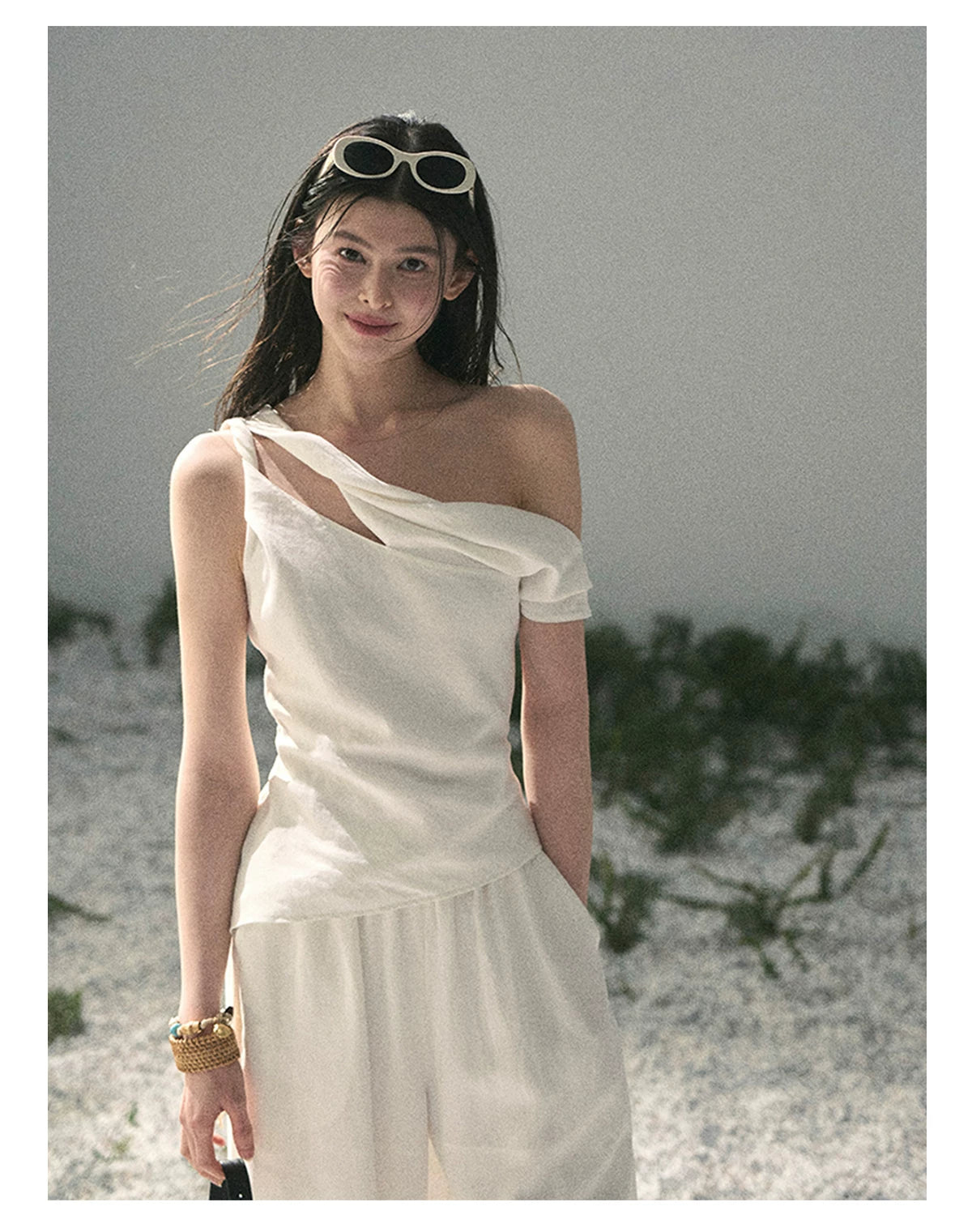 “Cloud Threads Falling at the Shoulder” Ivory Linen-Blend Two-Piece Set