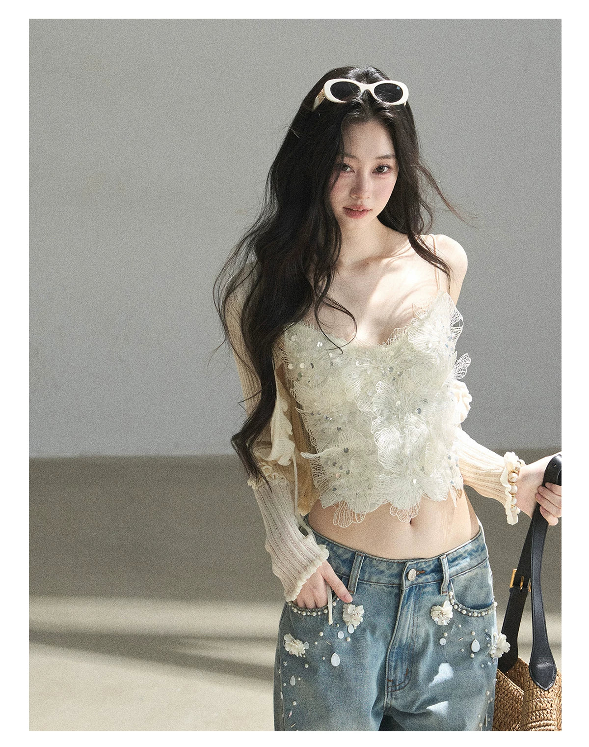 "Waiting for the Breeze" Apricot Lace Knit Cardigan & Cami Set