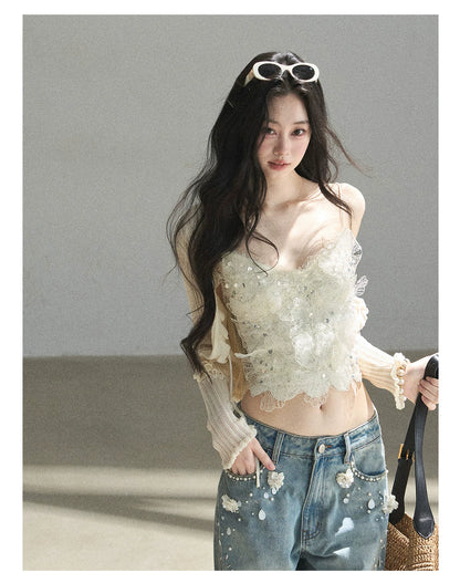 "Waiting for the Breeze" Apricot Lace Knit Cardigan & Cami Set