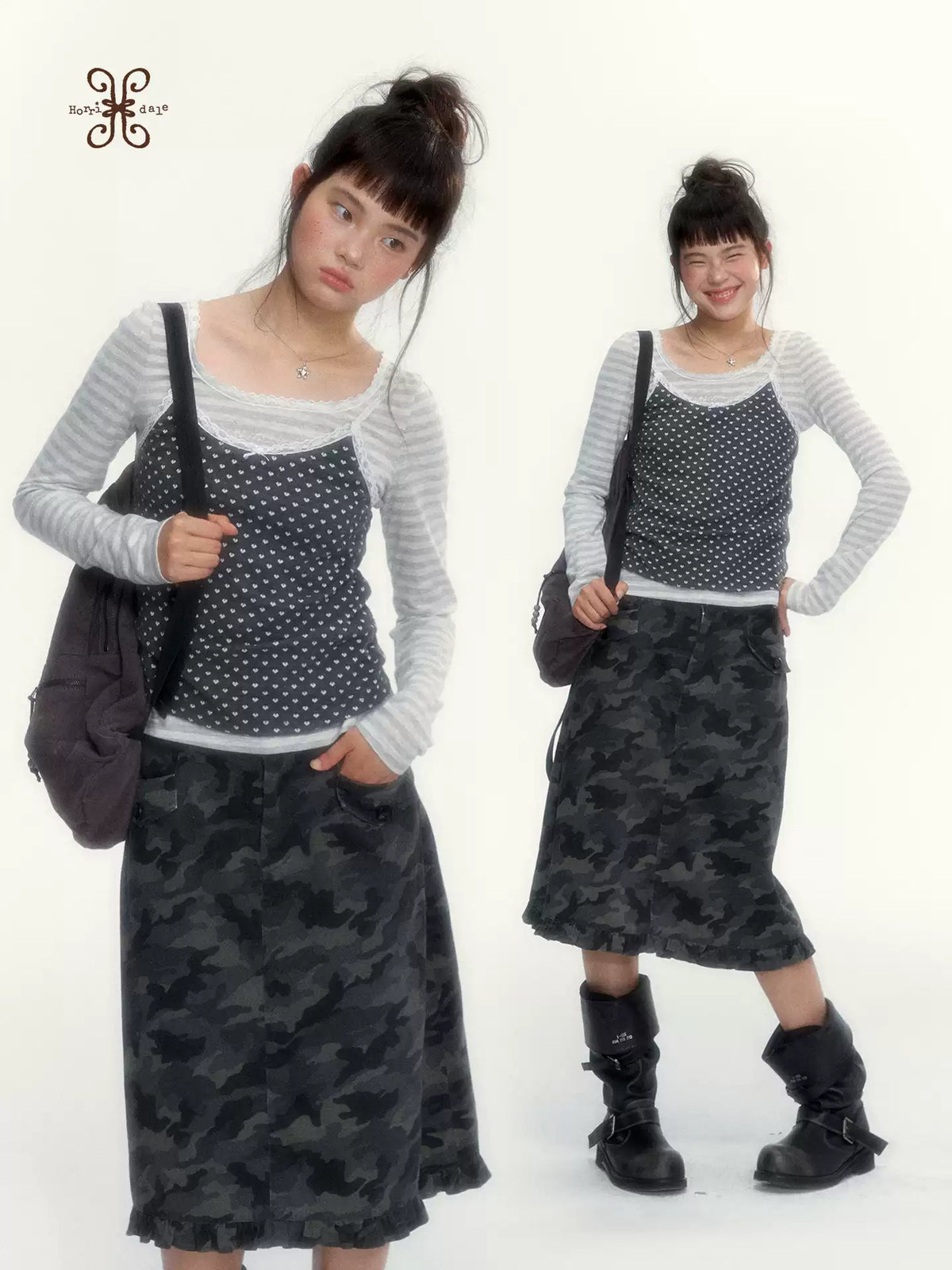 “Heart Dot” Charcoal Polka Dot Lace Trim Fitted Knit Cami