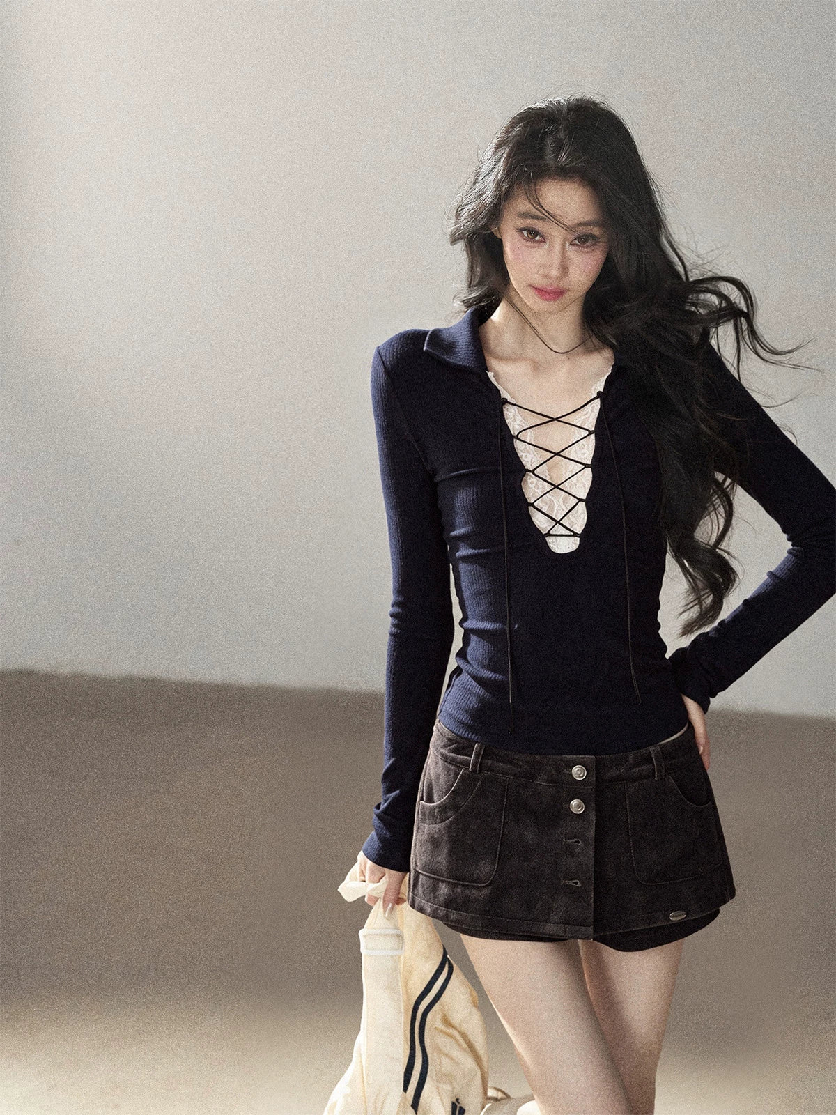 AOMALM - "Soft Interlude" Navy Blue Korean Lace Knit Cropped Top with Tie