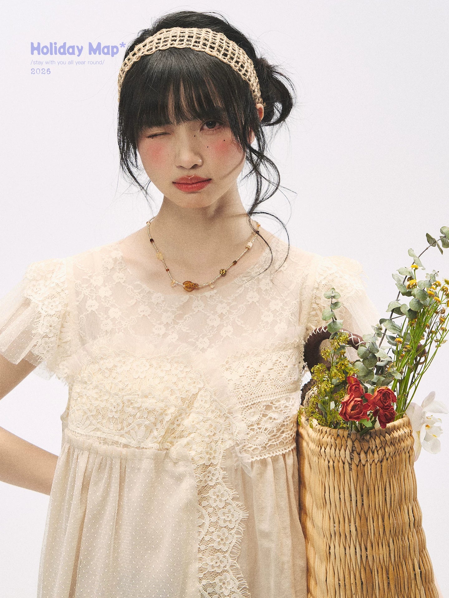 "Apricot Blossom Letter" Oatmeal Lace Patchwork Short Sleeve Blouse