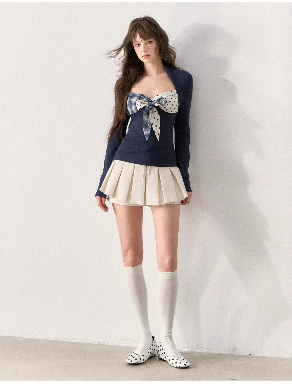 [TMMG] French Retro Polka Dot Plaid Bow Fitted T-Shirt (Deep Navy)