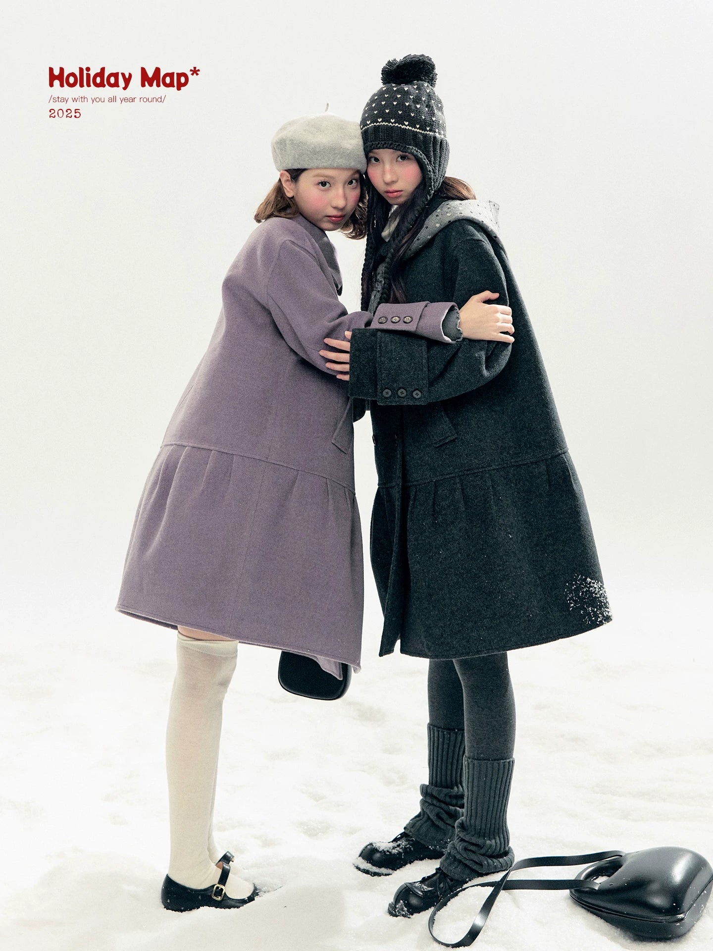 "Winter Chime" Double-Breasted Quilted Wool-Blend Coat (Smoky Purple/ Ash Gray)