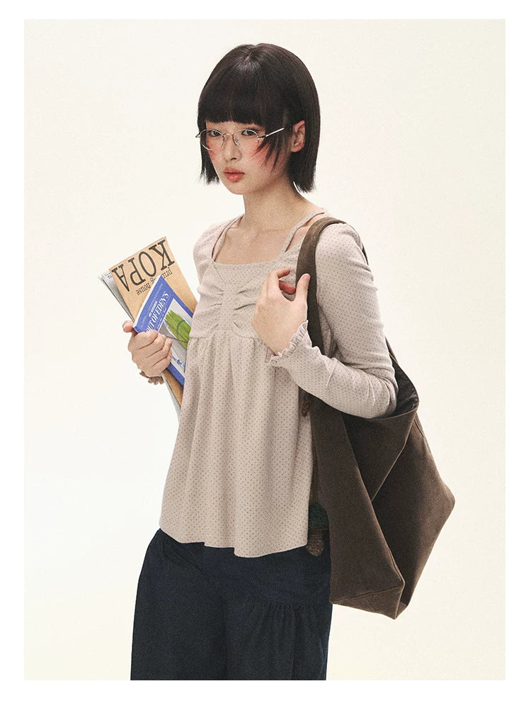 "Sweet Favorite" Polka Dot Faux-Layer Bow Knit Top (Gray Brown/ Blush Pink)