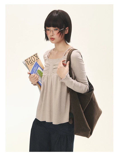 "Sweet Favorite" Polka Dot Faux-Layer Bow Knit Top (Gray Brown/ Blush Pink)