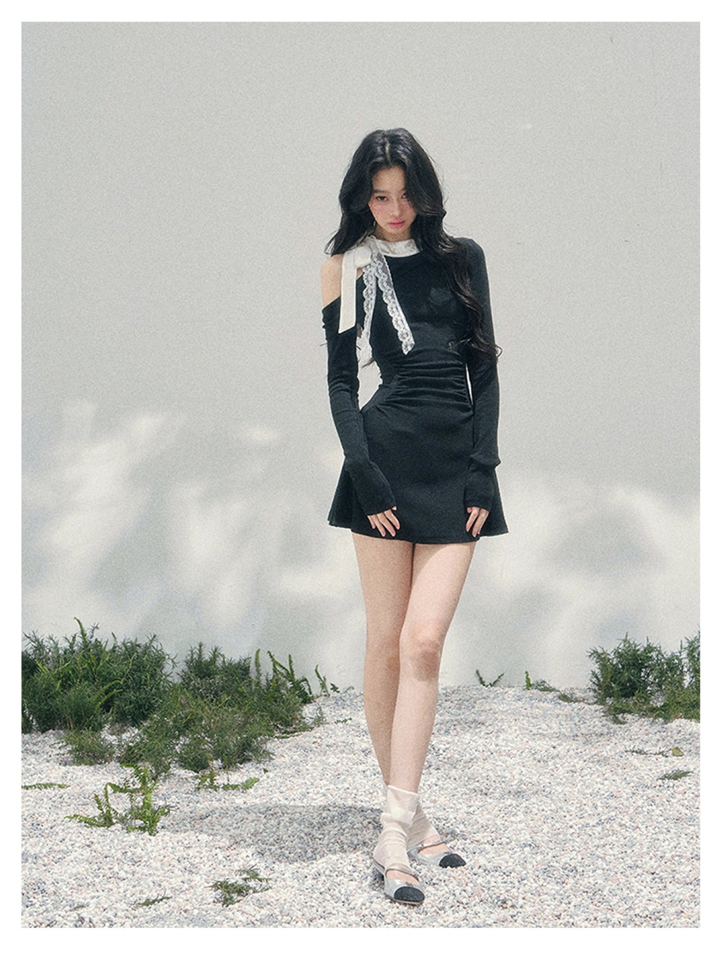 少也眼 “Lingering Warmth Entwined” Layered French Lace One-Shoulder Mini Dress - Serene Black 5435553