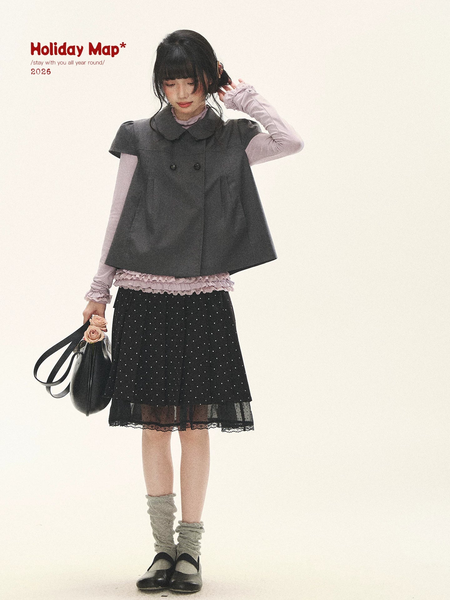 "Polka Reverie" Black Polka Dot Bow Pleated Mini Skirt