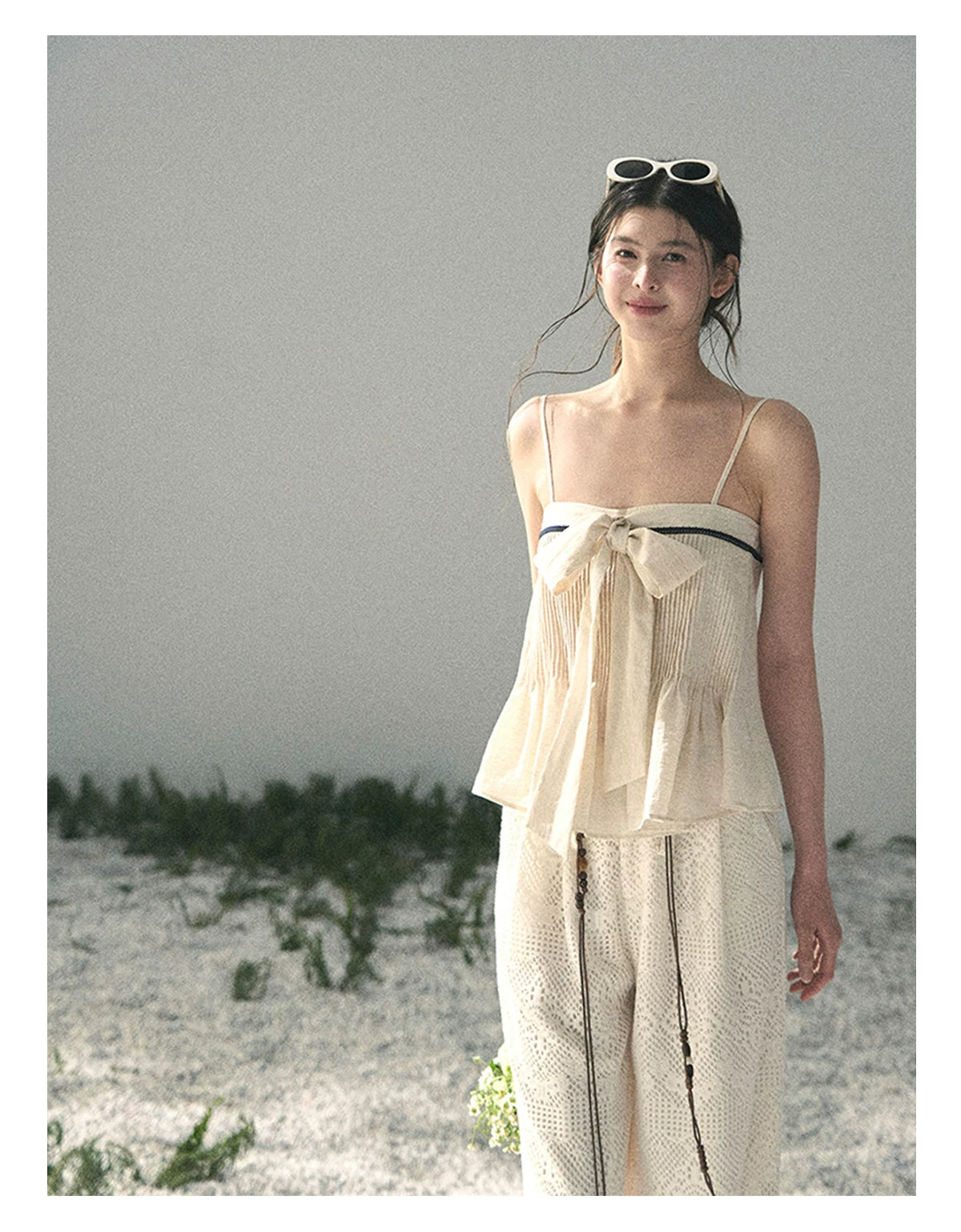 “Breeze Over Pleats” Cream Ribbon Camisole Top