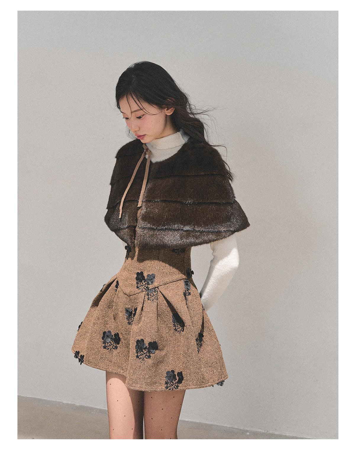 少也眼 “Whispers of Moss” Sparkle-Lined Gown with Faux-Fur Cape - Coffee/Deep Cocoa 6412124145