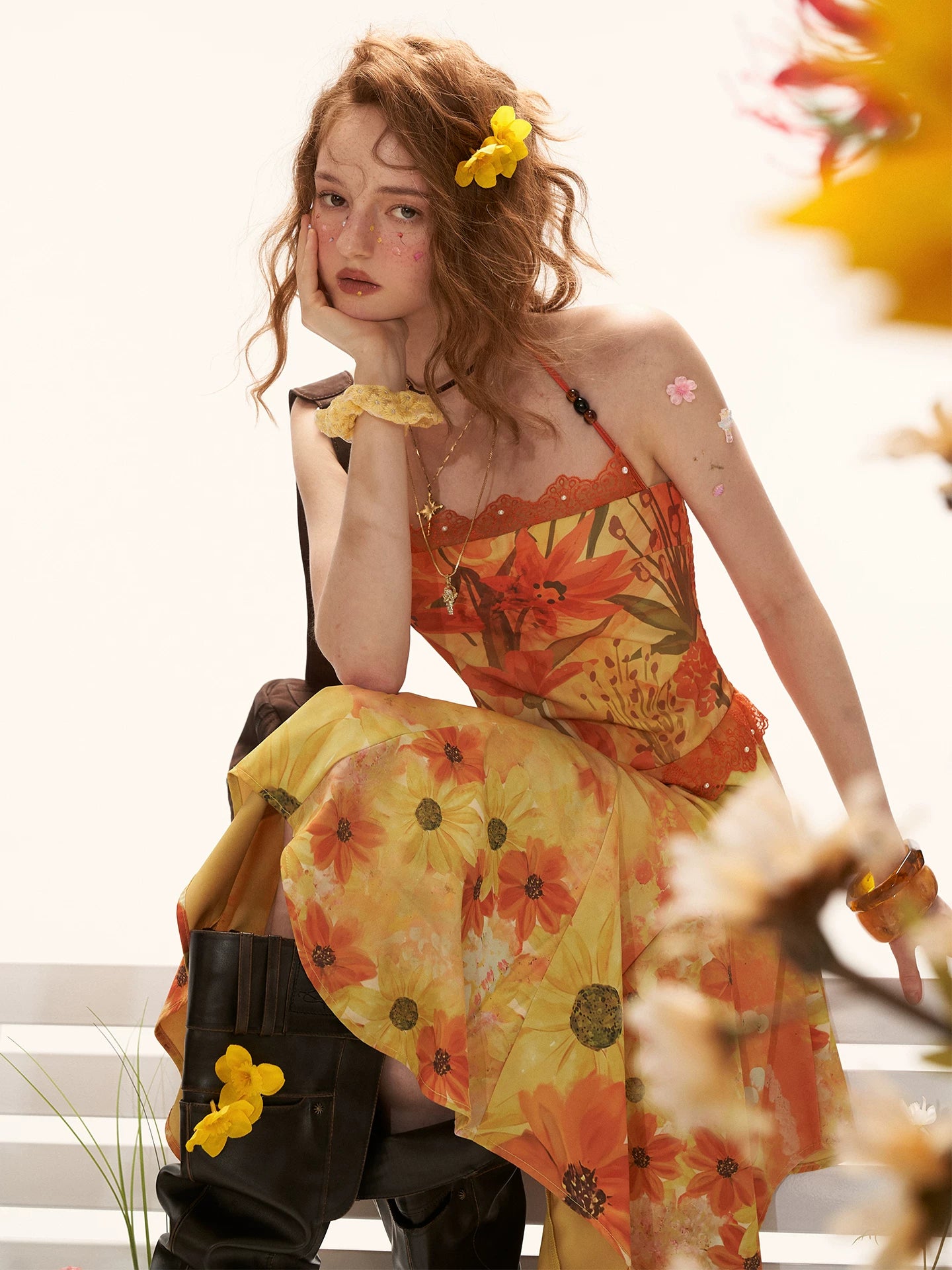 "Sunset Bloom Mood" Halter Floral Midi Dress WE933