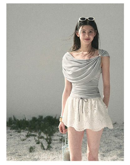 “When the Wind Stole Moonlight” Moonstone Draped Off-Shoulder Top