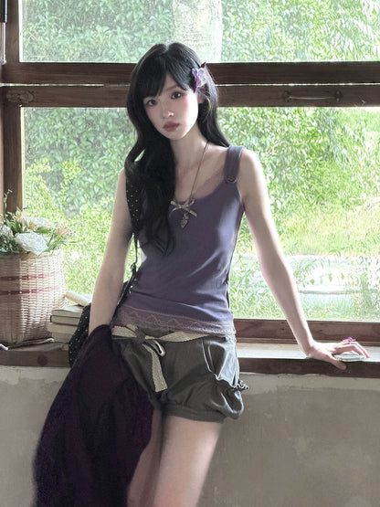 "Sage Whisper" Two-Tone Lace Cami Top (Sage Stripe / Lavender)