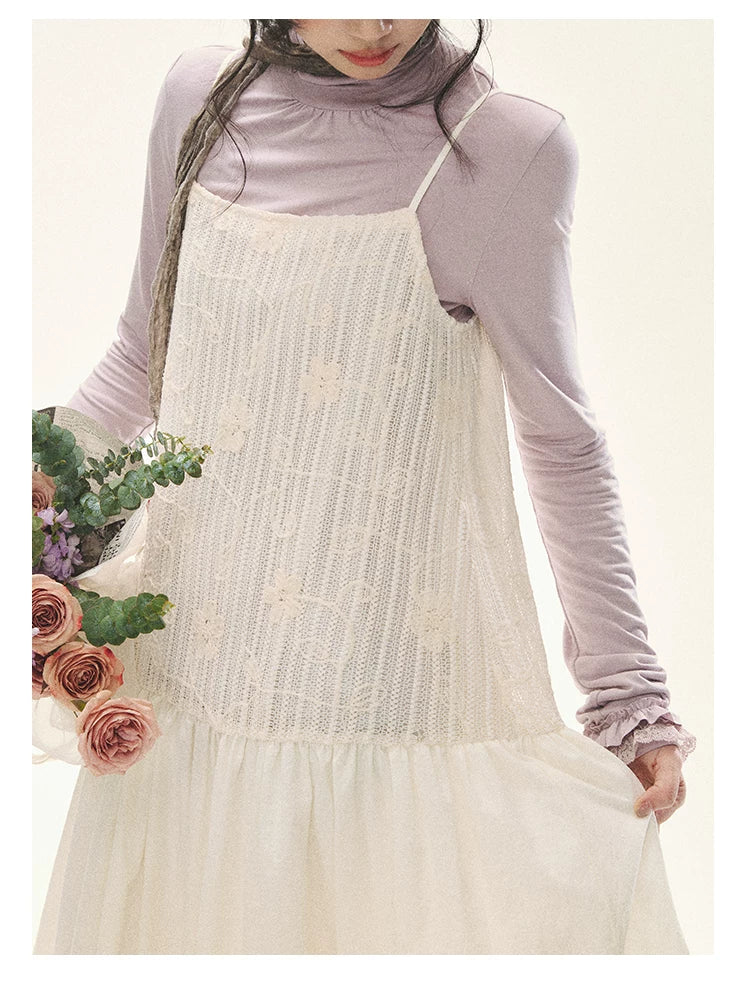 "Ivory Blossoms" Apricot Mist Beige Floral Pinafore Midi Dress