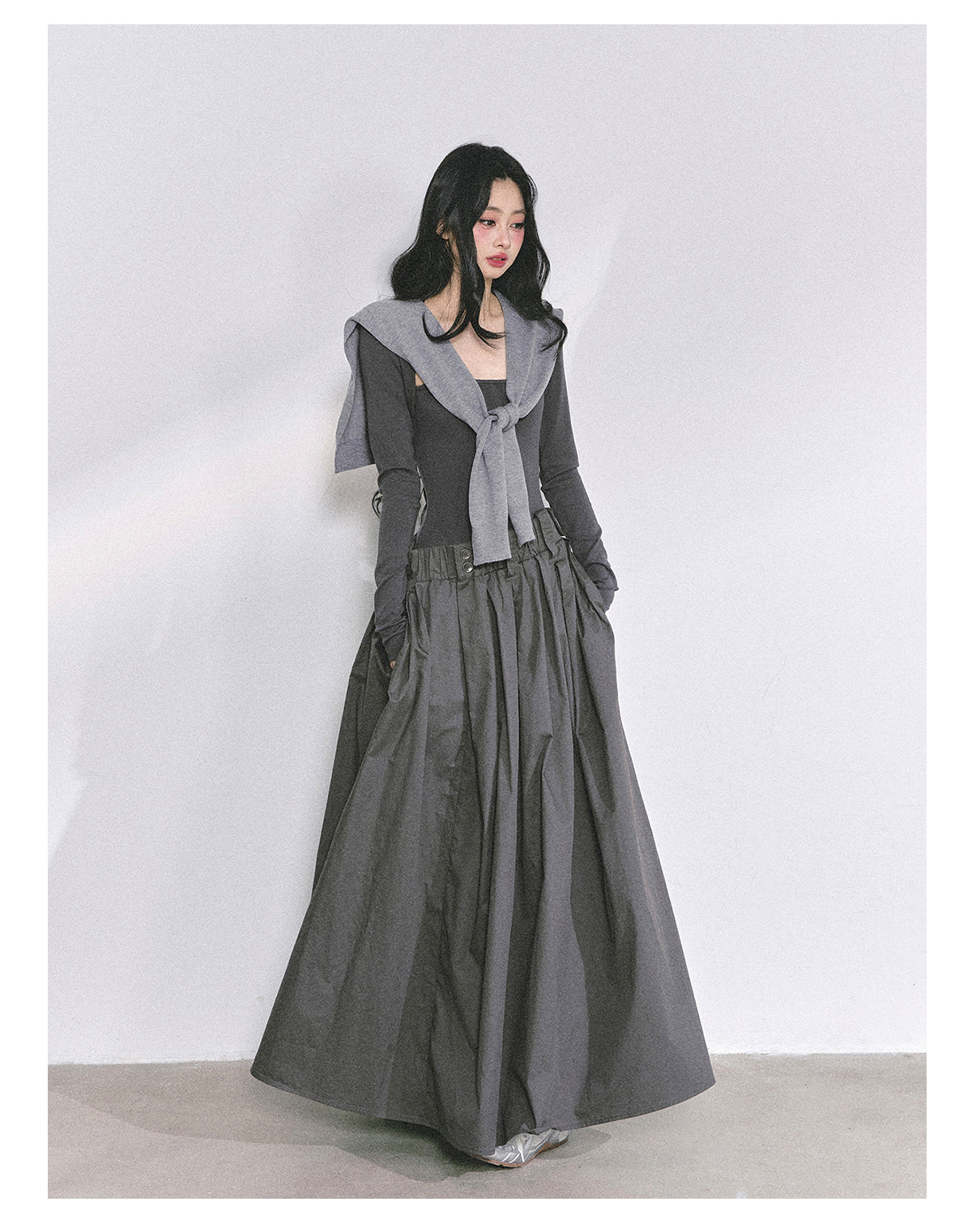 少也眼 "K-Show Muse" Elegant French Hepburn Long-Sleeve Dress - Gray 47867864