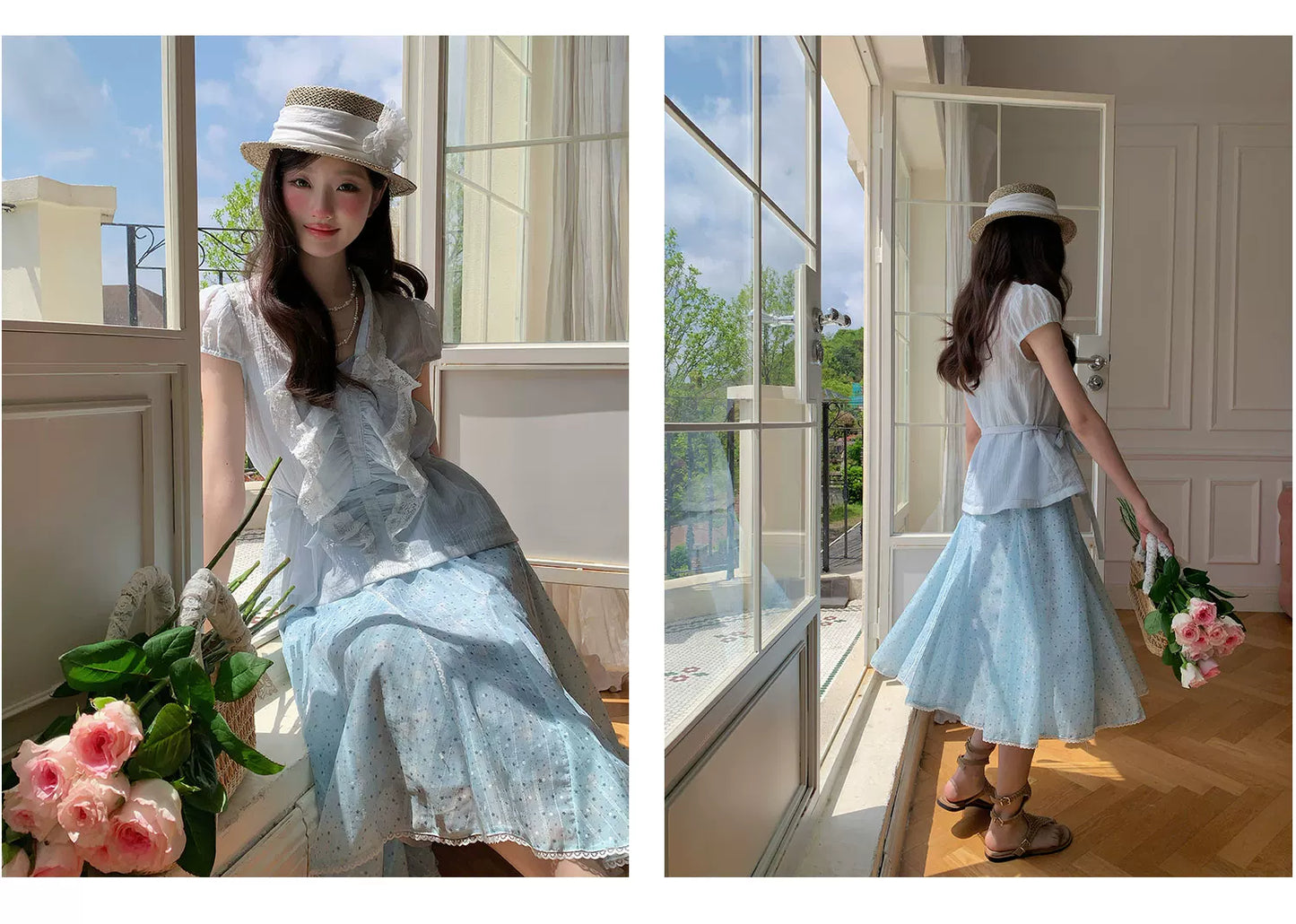 “Blue Berry Stardust” Blue Floral Polka Dot Skirt