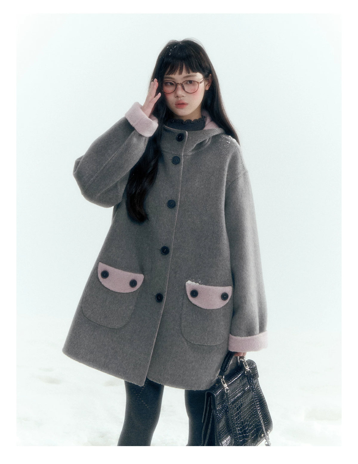 Horridale - Purple and Gray Reversible Hooded Wool Coat