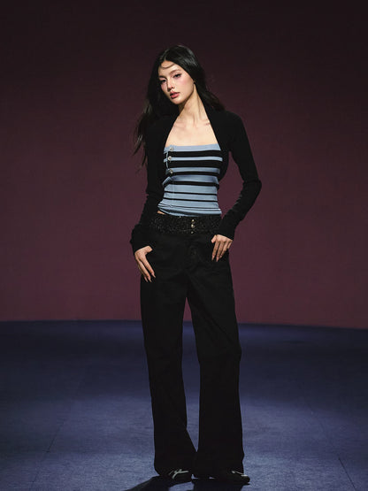Vintage Stripe Contrast Knit Cami & Cropped Cardigan Set (Light Gray/ Black Blue)