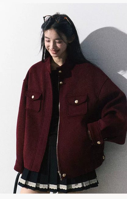 OAKMOO/ "Plum Blossom Mood" Angora Red Wool-Blend Harrington Jacket