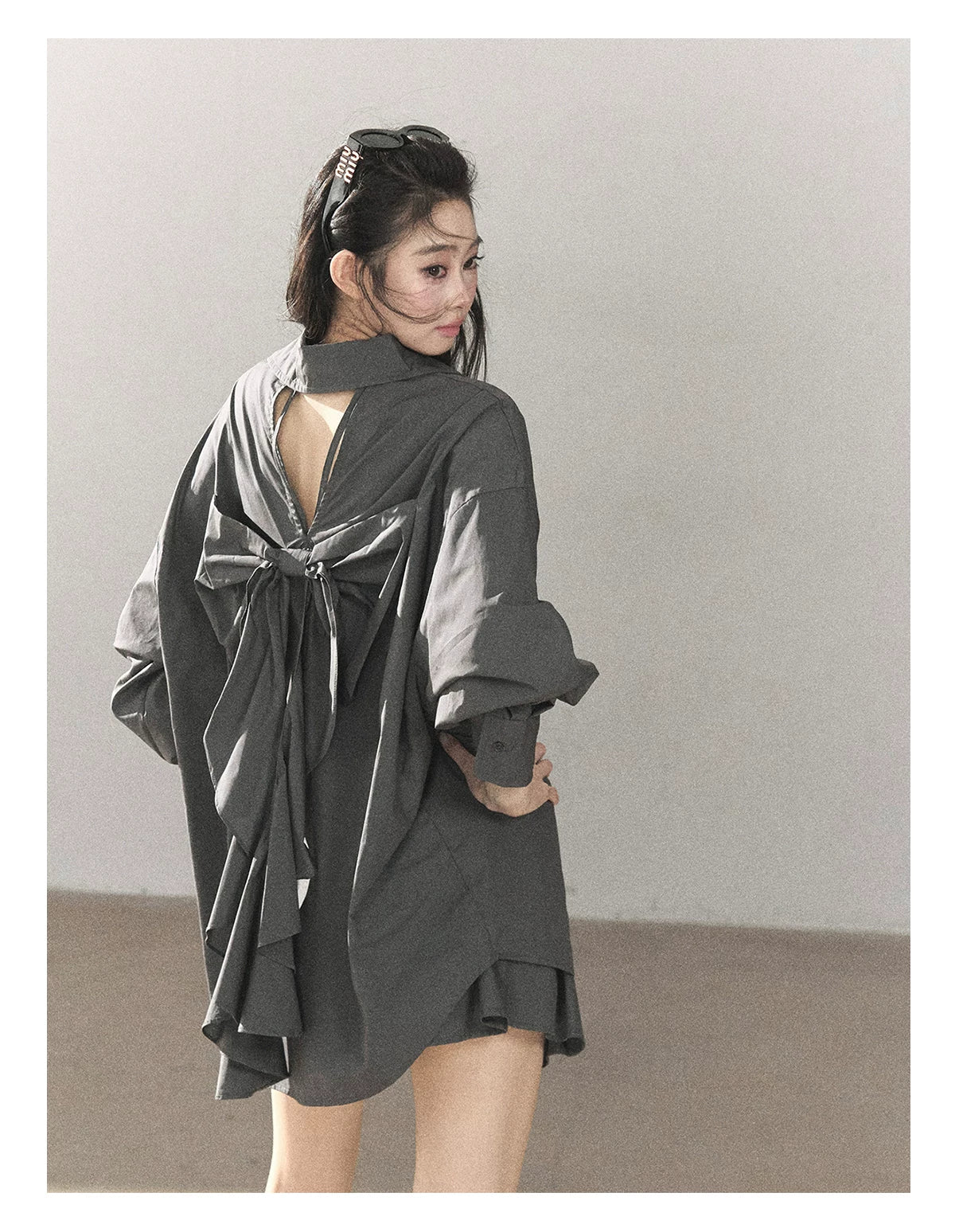 AOMALM - Thin Dusk Gray Bow-Back Shirt & Bubble Mini Skirt Set