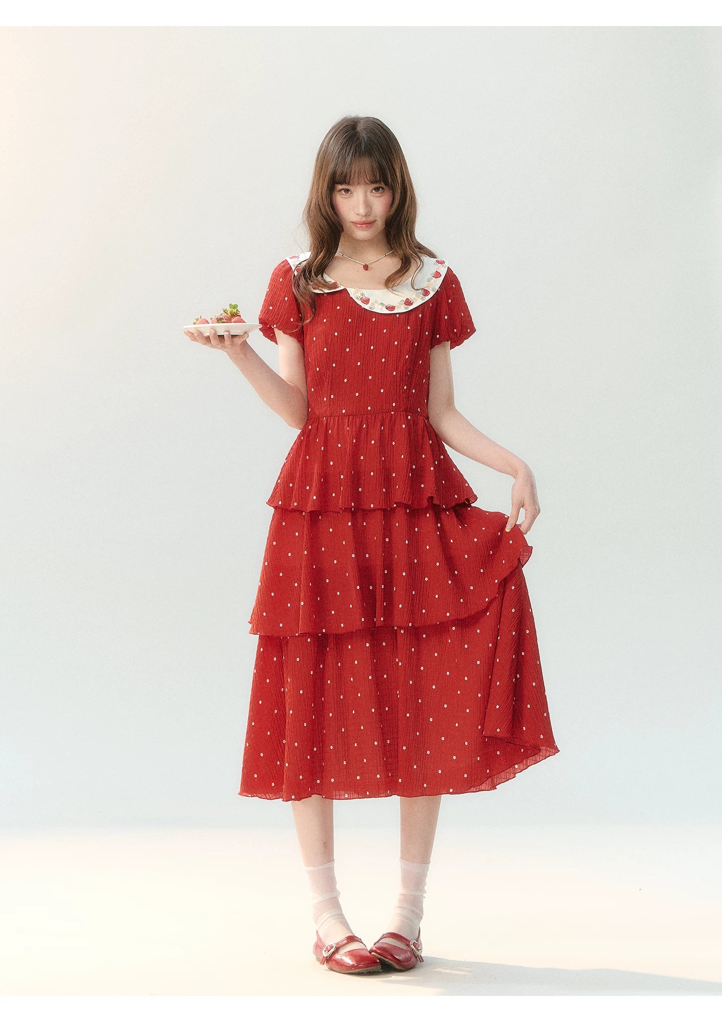 "Strawberry Waltz Letter" Red Tiered Doll Collar Dress LL2026225