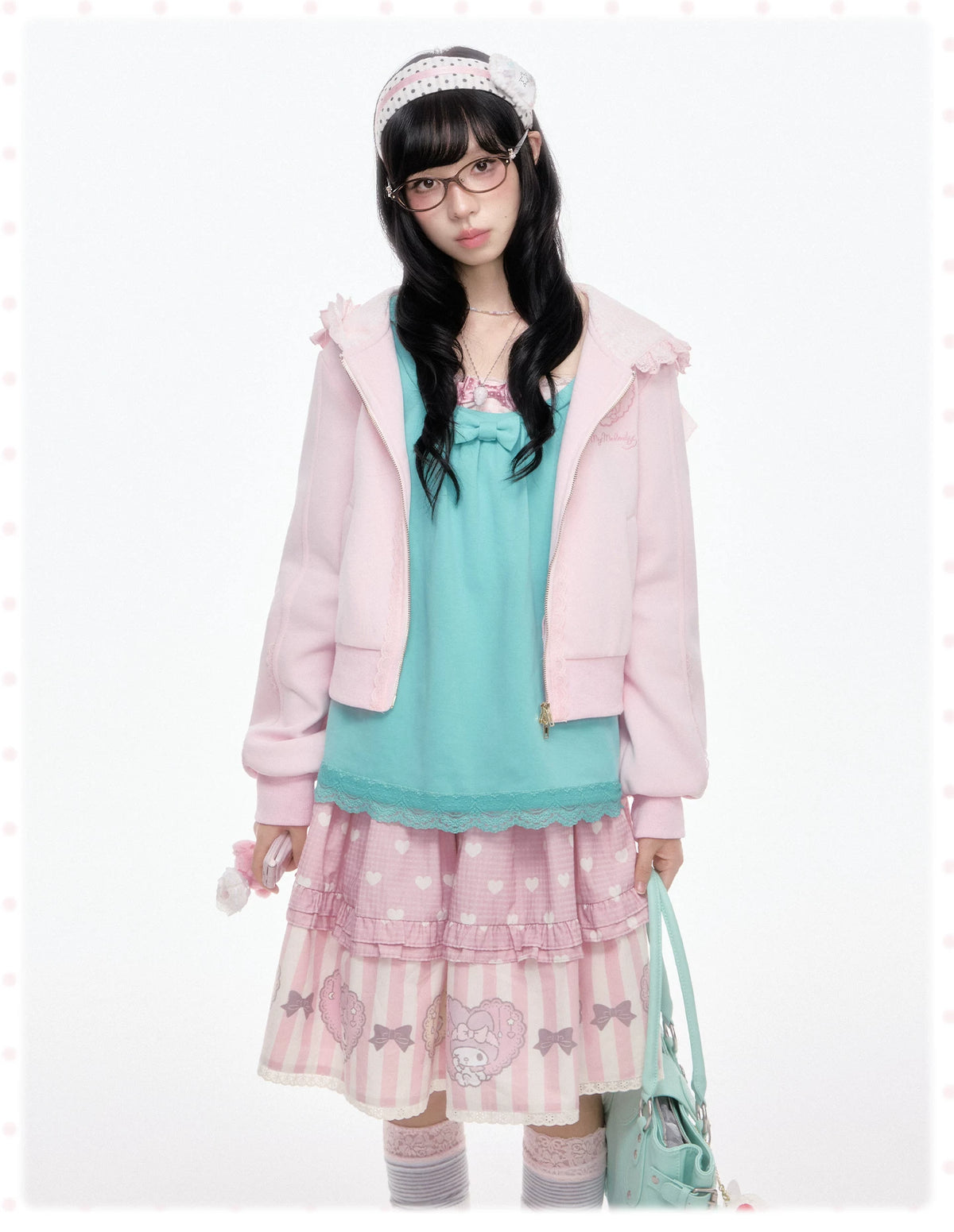 “Ribbon Daydream” Pink Cropped Zip-Up Hoodie