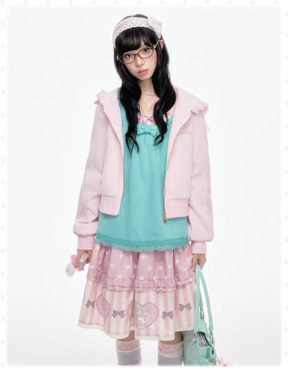 “Ribbon Daydream” Pink Cropped Zip-Up Hoodie