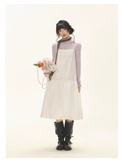"Ivory Blossoms" Apricot Mist Beige Floral Pinafore Midi Dress