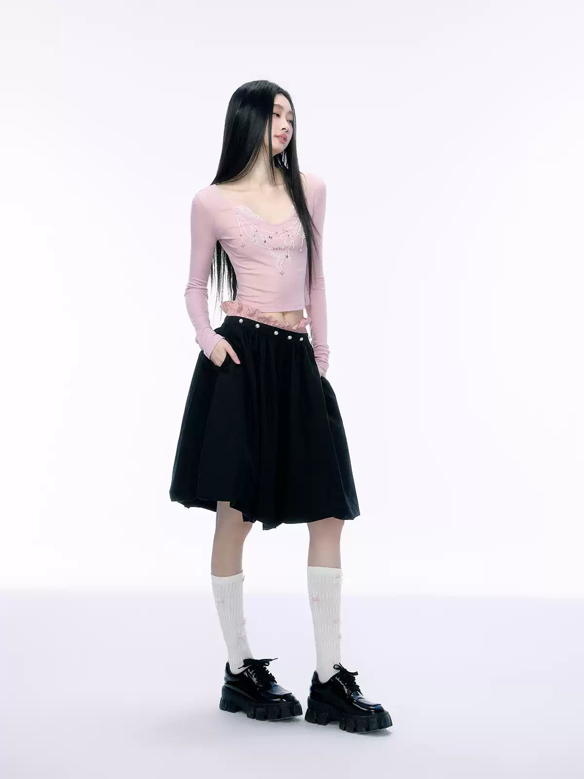 JN's DESIGN - Fitted Lace Long-Sleeve Top with Pearl Rhinestones