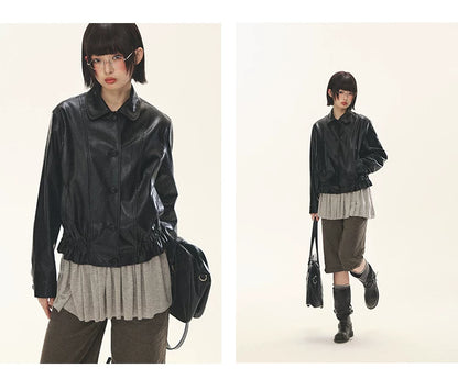 "Venus Gallery" Black Ruffle Collar Cropped Faux Leather Jacket