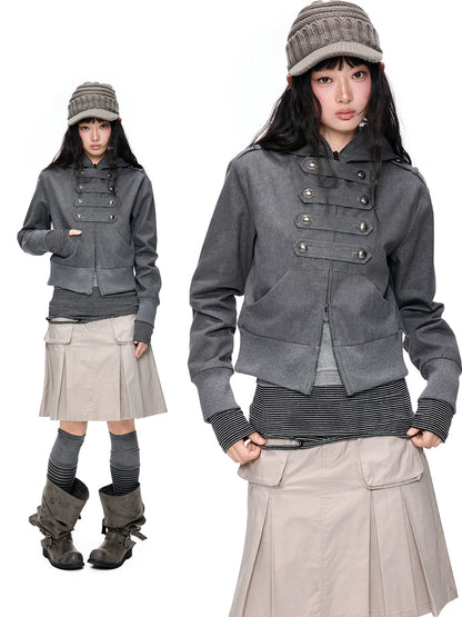 EZEK | Cropped Hooded Sweatshirt Jacket with Double Metal Snap Closure (Black / Gray)
