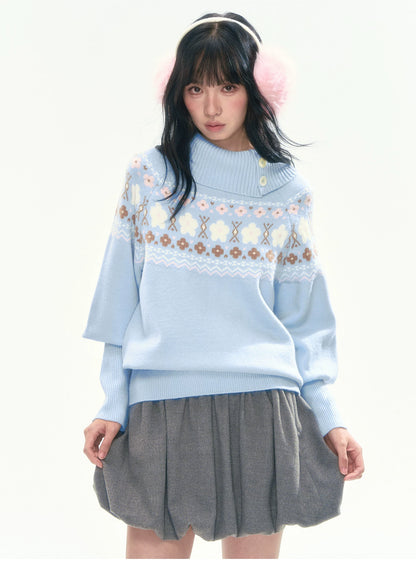 [CAN] Light Blue Floral Fair Isle Knit Sweater
