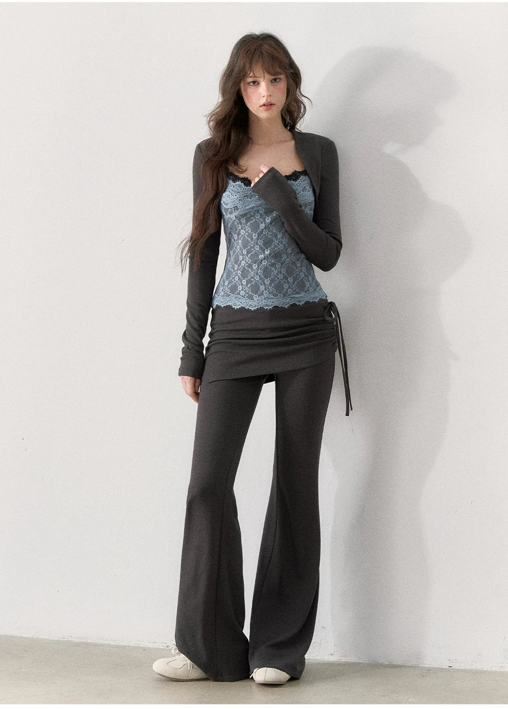 [TMMG] Lace-Trimmed Layered Knit Top & Flared Pants Set