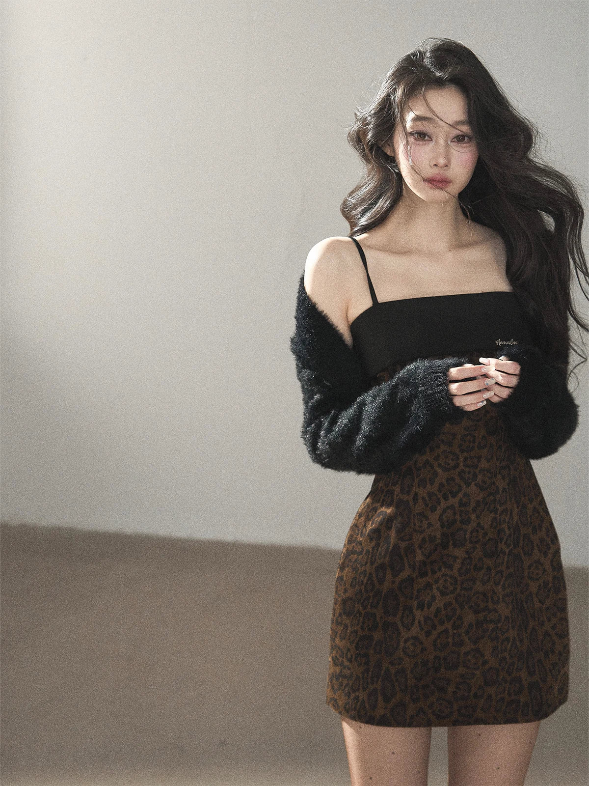 AOMALM - "Wildland Reverie" Slate Brown Leopard Print Fitted Cami Dress & Obsidian Black Shawl