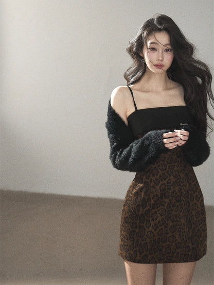AOMALM - "Wildland Reverie" Slate Brown Leopard Print Fitted Cami Dress & Obsidian Black Shawl