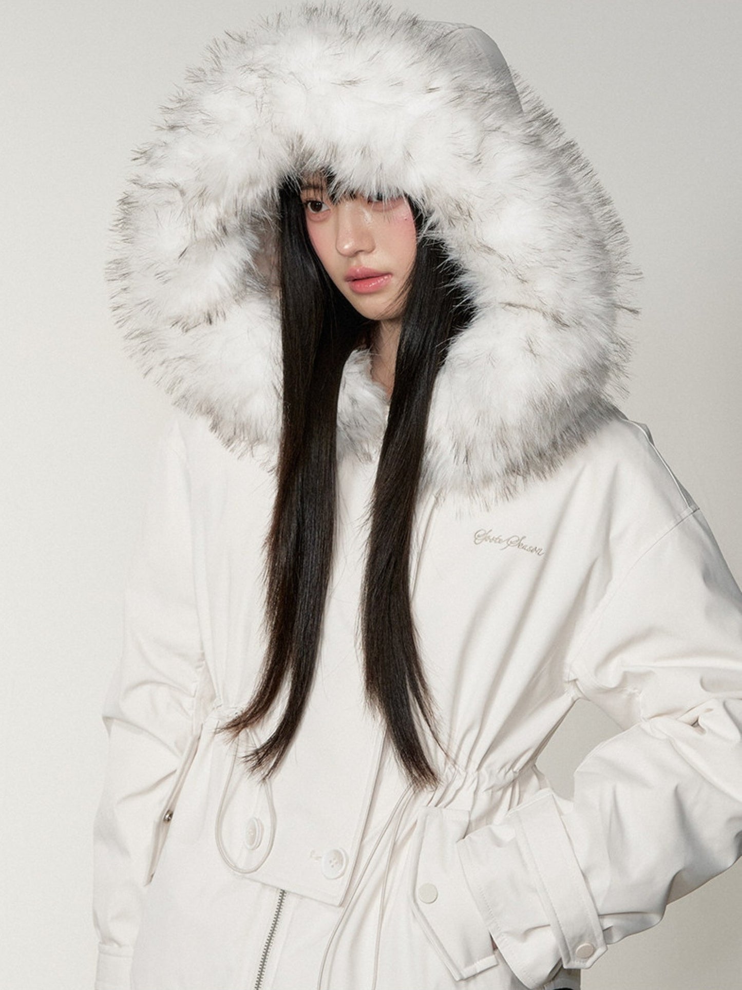Soote Season - “Cloud Waistline” Cloud Mist White Faux Fur Collar Cinched Puffer Parka