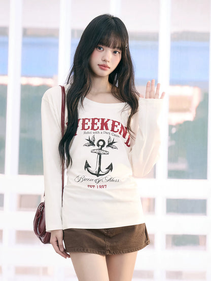 "Harbor Muse" White One-Shoulder Long Sleeve T-Shirt