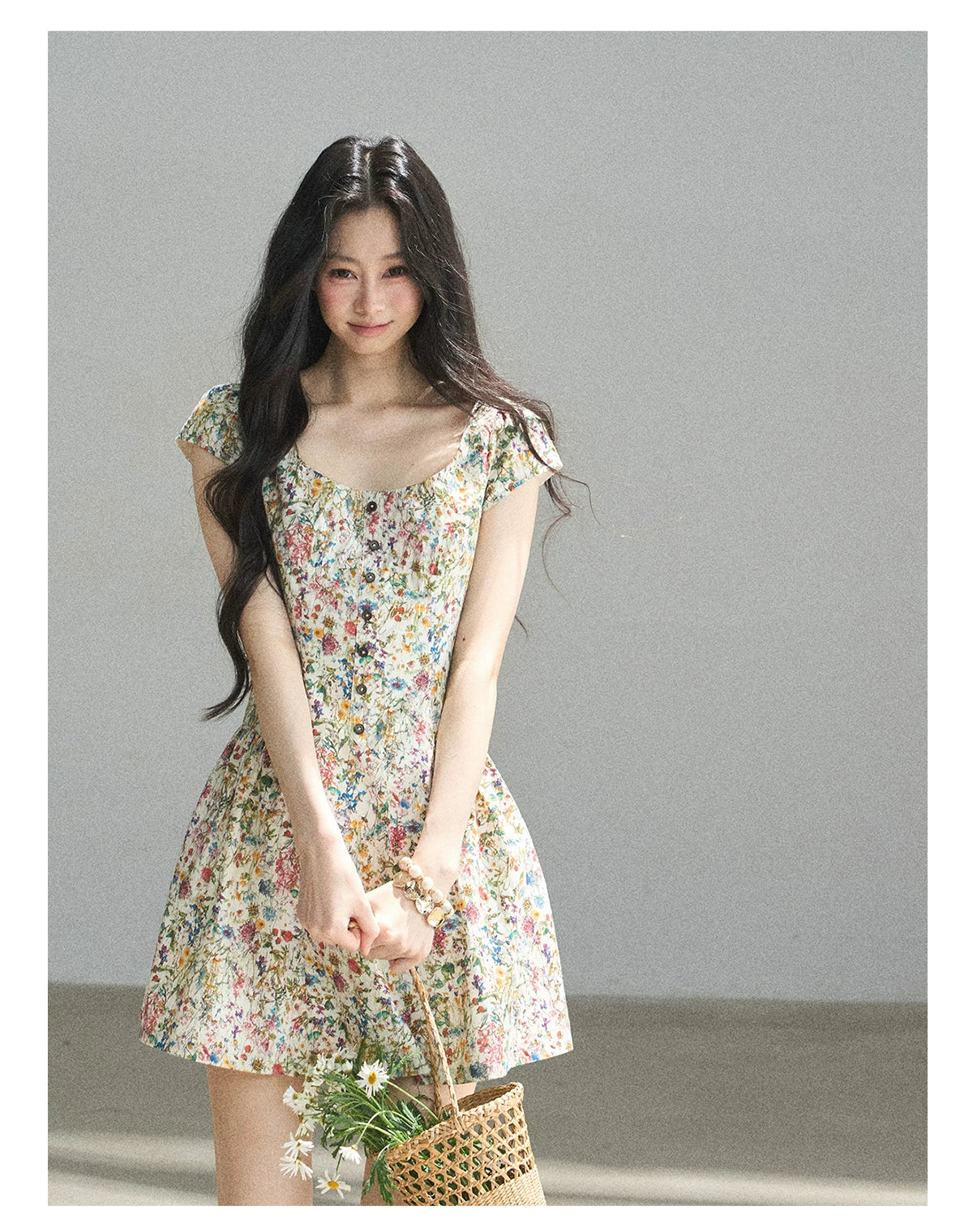 "Bloom in Full Glory" Dutch Cream Floral Puff Mini Dress