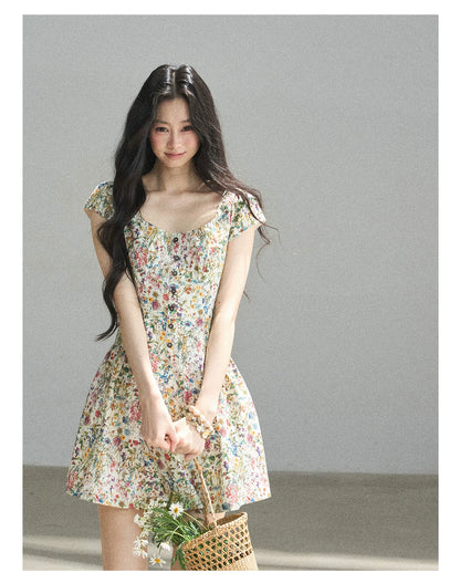 "Bloom in Full Glory" Dutch Cream Floral Puff Mini Dress