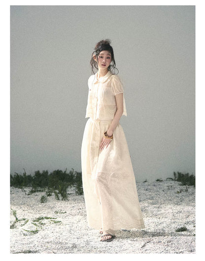 "Apricot Blossom After Rain" Dutch Cheese Lace Blouse & Maxi Skirt Set 532453