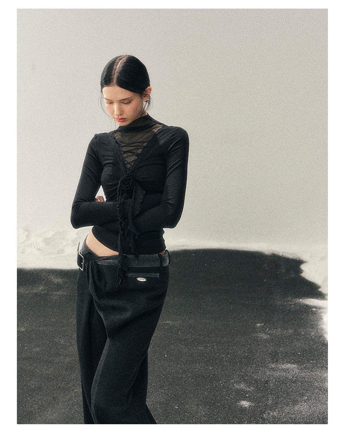 少也眼 “Vanishing Curve” Sheer Lace Turtleneck Base Top - Black