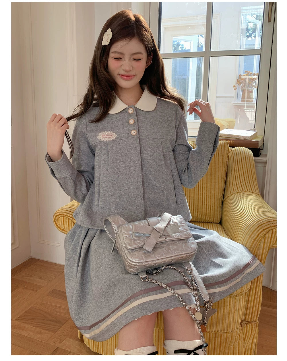 “Misty Academy Reverie” Light Grey Cropped Top & Bubble Mini Skirt