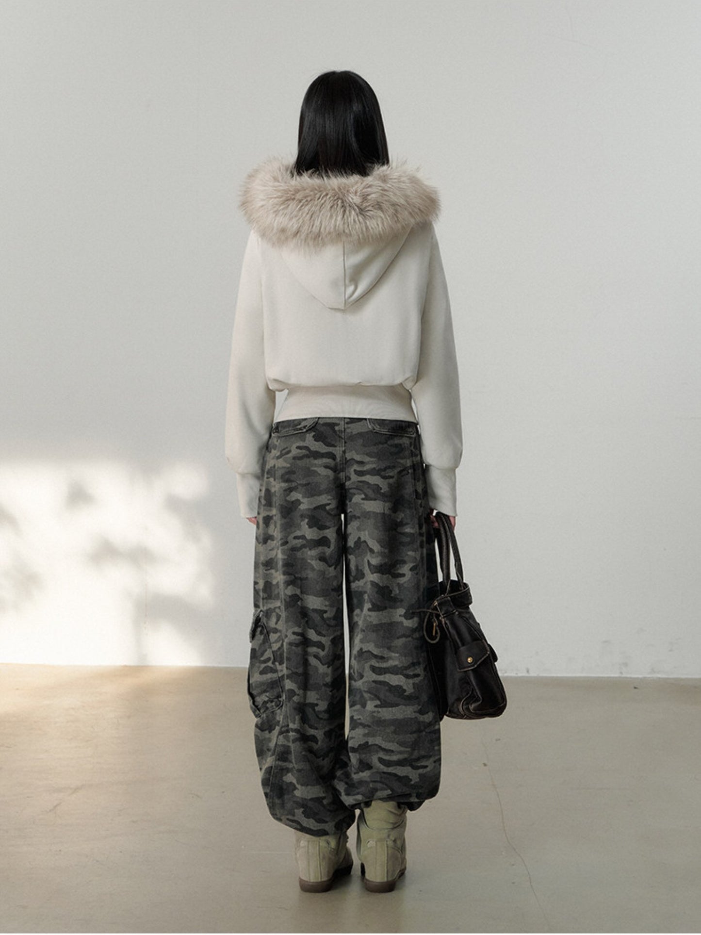 Soote Season - Oat Gray Studded Faux Fur Hoodie Jacket with Fur Collar