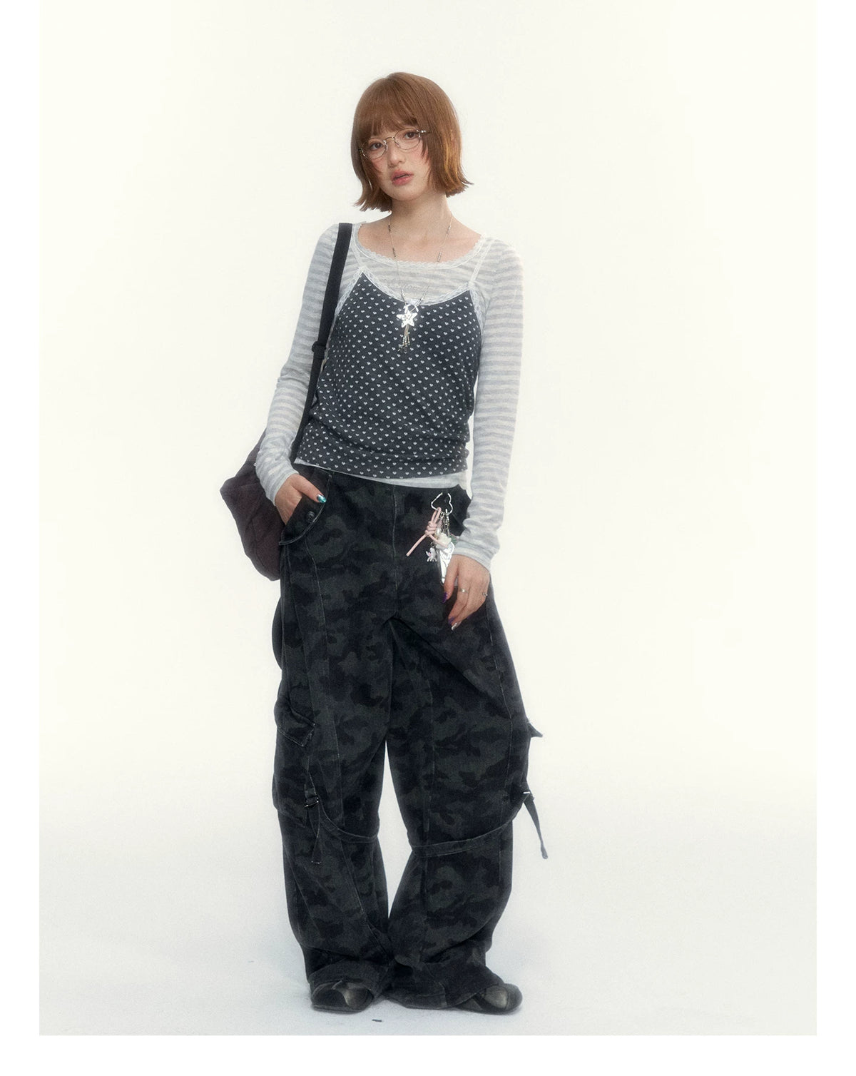 “Early Gray” Light Gray Striped Lace-Trimmed Fitted Long-Sleeve Top
