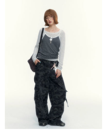 “Early Gray” Light Gray Striped Lace-Trimmed Fitted Long-Sleeve Top