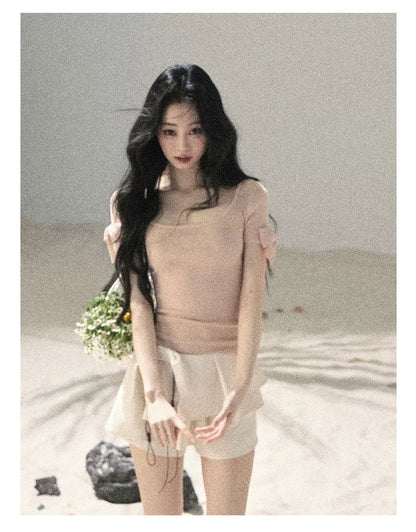"Gentle Ocean Tide" Baby Pink Cutout Knit Crop Top 75511