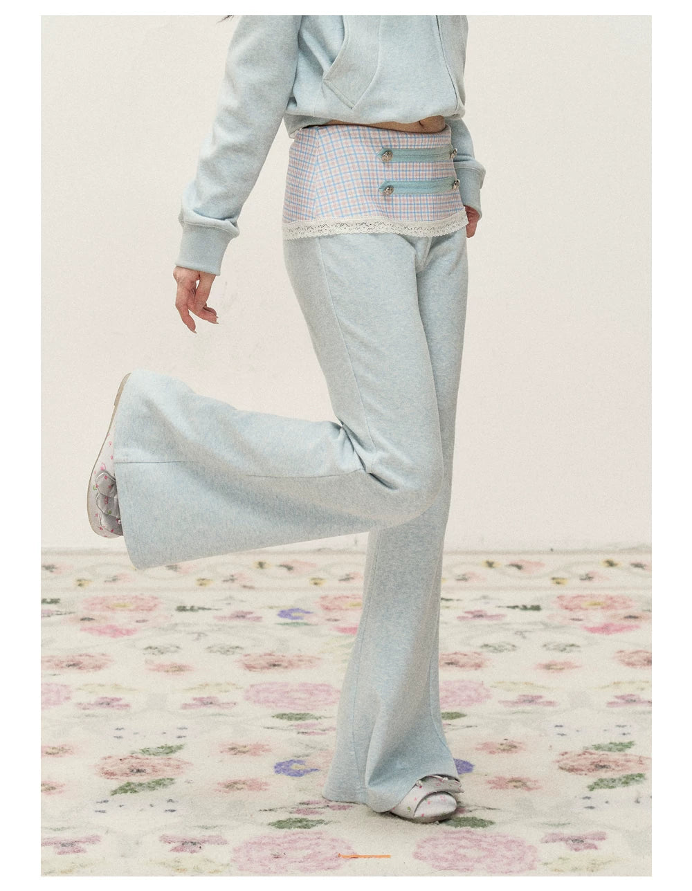 [RF] Soft Gingham Color-Block Hoodie and Flare Pants Set (Blue / Mauve)