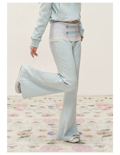 [RF] Soft Gingham Color-Block Hoodie and Flare Pants Set (Blue / Mauve)